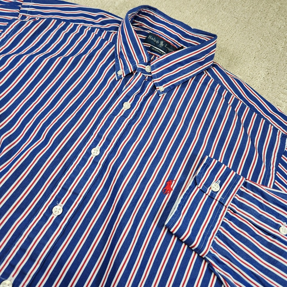 Vintage Polo Ralph Lauren Shirt Men XL Classic Fit Vertical Striped Red Blue‎